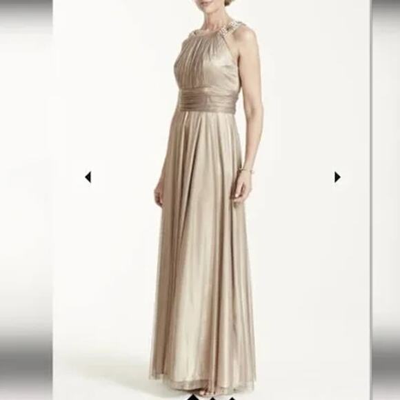 Cachet Sz 6 Beaded Halter Neck Maxi Dress Bronze Metallic Pleated Formal Gown - Picture 1 of 9